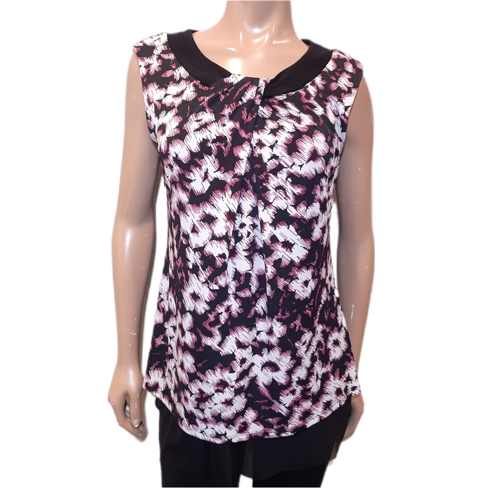 LAURA Sleeveless Layered Top Floral Chiffon Tunic Twist Neckline Stretch Medium